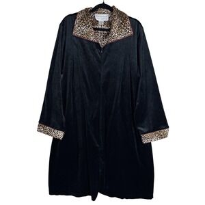 Cinema Etoile Robe Womens Large‎ Black Velour Leopard Trim Zip Front Loungewear